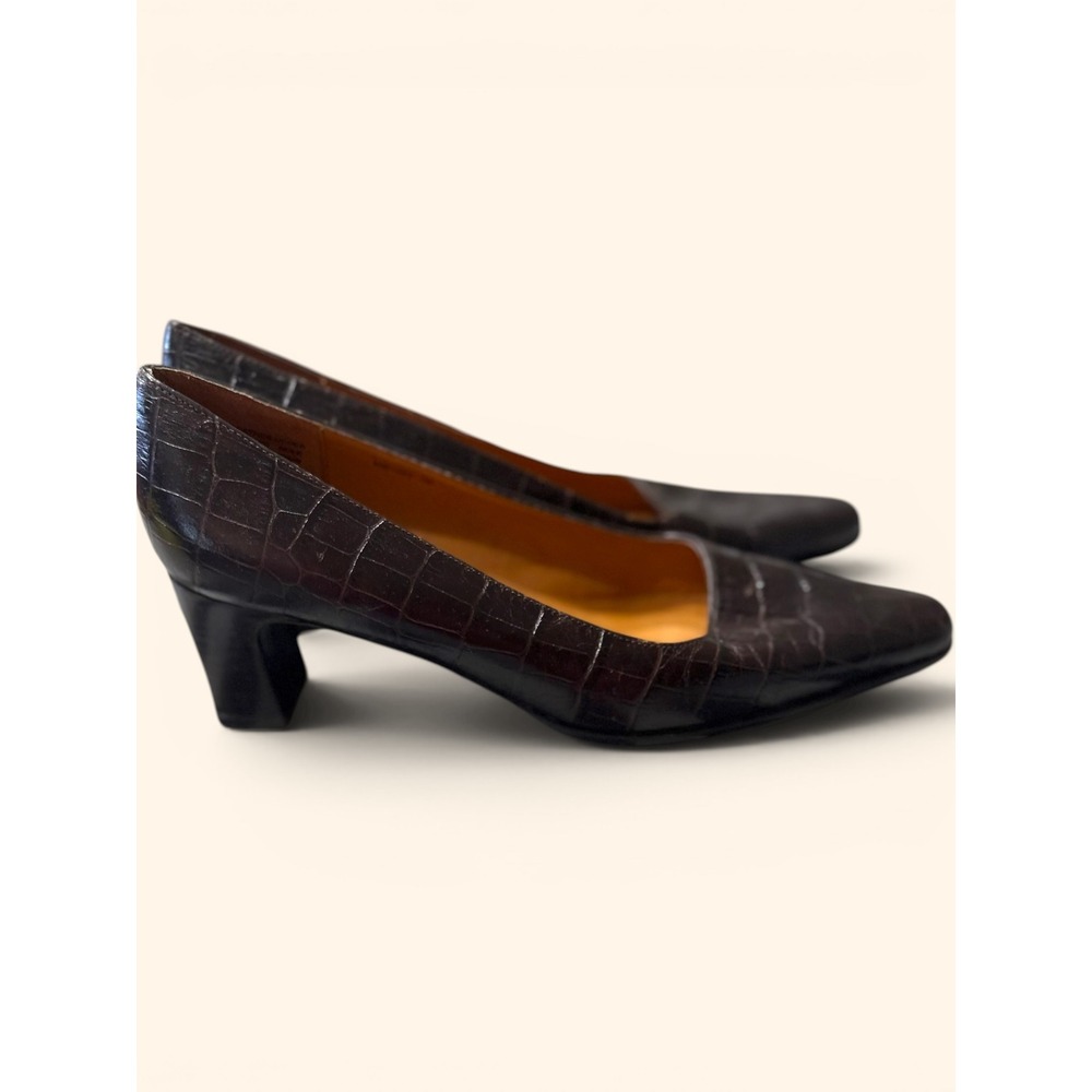 Lauren Ralph Lauren VTGE Pumps Size.7B Brown Croc Embossed Leather Block Heel - Picture 2 of 8